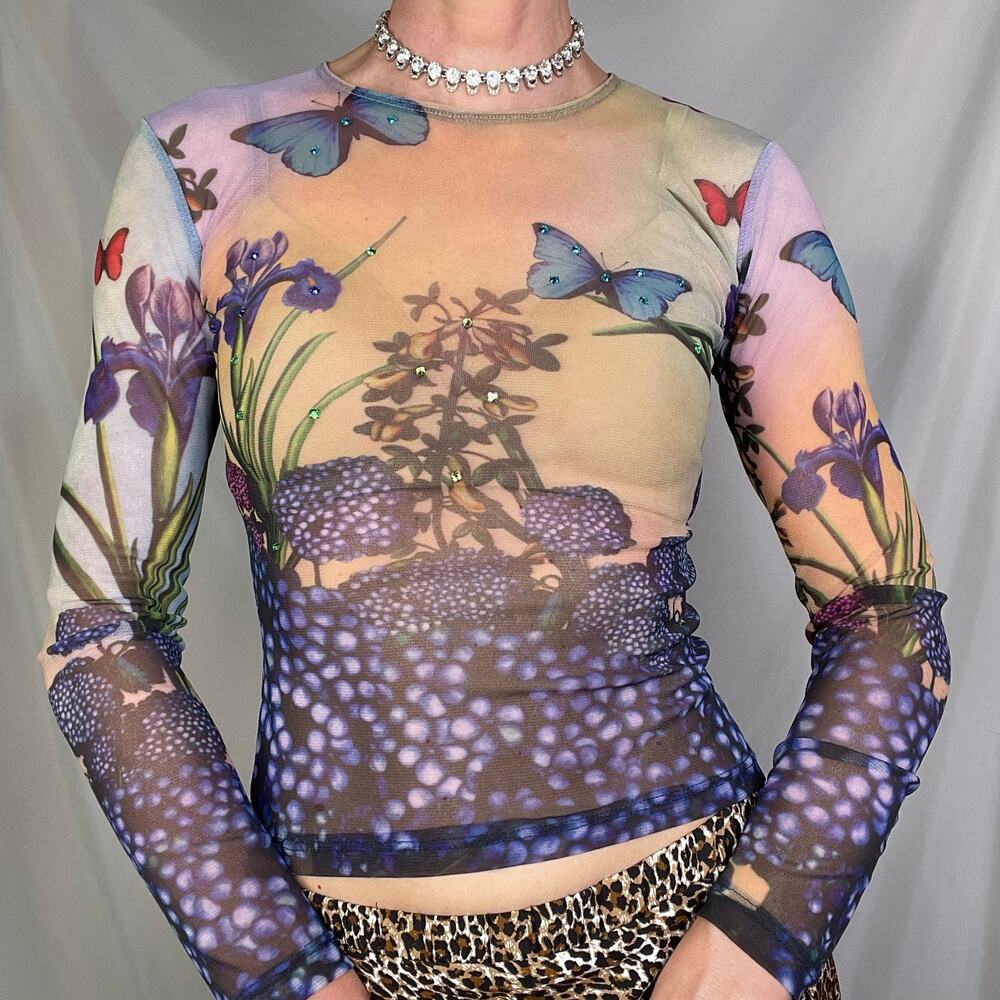 SOLD Just In Time USA floral butterfly mesh top vintage Y2K rhinestone beaded S - Picture 10 of 13